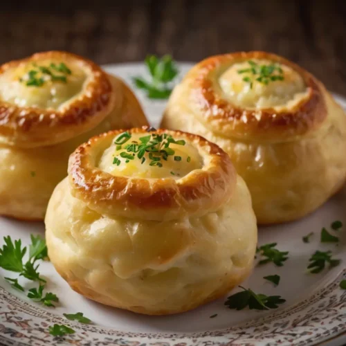 Golden-brown potato knishes on baking sheet, traditional Jewish pastry