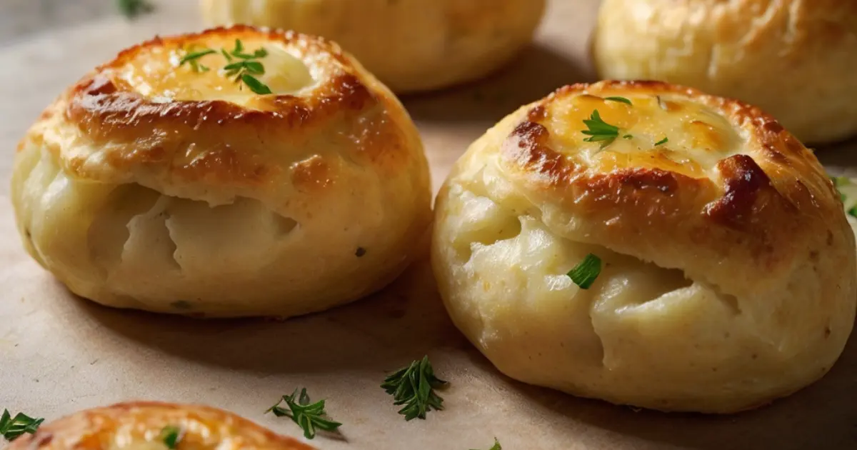 Golden-brown potato knish on baking sheet, traditional Jewish pastry