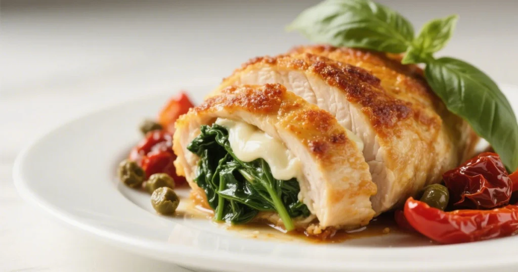 Sliced chicken breast stuffed with spinach and melted cheese, garnished with tomatoes, capers, and basil.