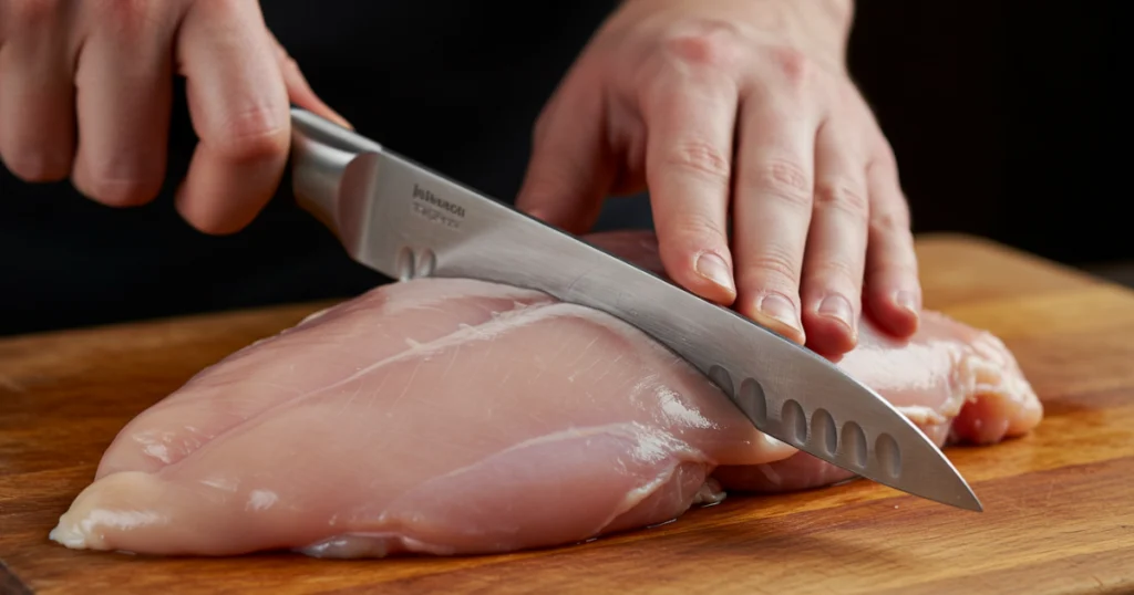 Hands slicing a raw chicken breast on a wooden cutting board with a silver knife.Caption: Preparing chicken for a meal.