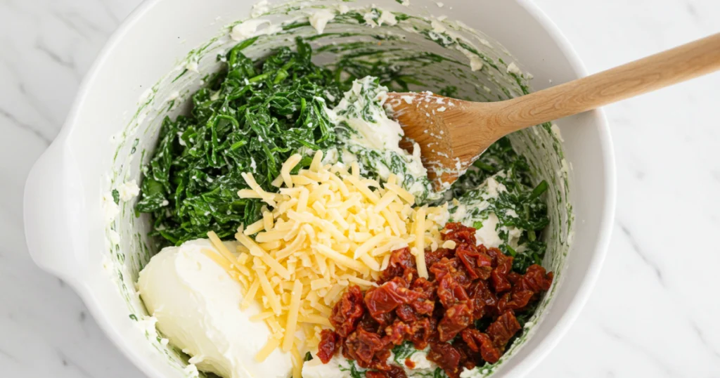 A white bowl containing a mixture of spinach, feta cheese, shredded cheese, and sun-dried tomatoes being stirred with a wooden spoon.