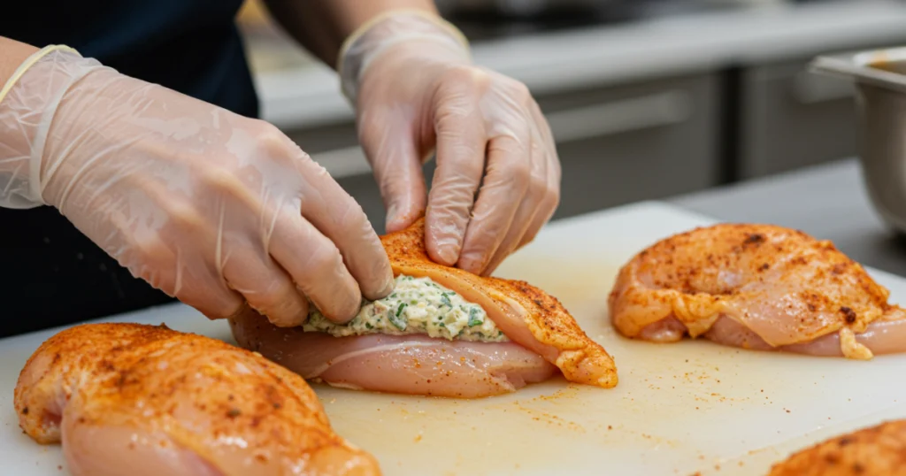 Hands in clear gloves stuffing a seasoned chicken breast with a creamy green and white filling on a white cutting board.